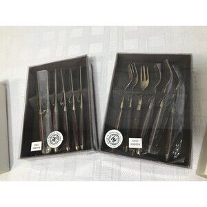 NEW! Williams Sonoma 6 Mini Forks 6 Mini Knives Knife Set Wood Handle Gold 5"